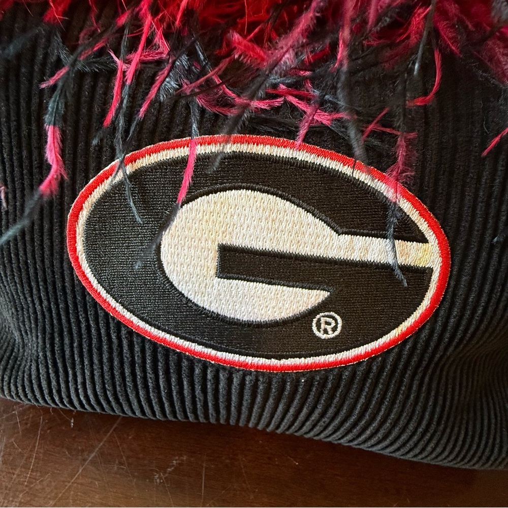 Georgia Bulldogs Purse Handbag Tote Corduroy w Feathers & Beaded Handle - Picture 2 of 9